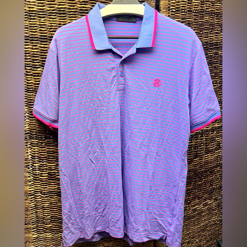 G/FORE Purple and Pink Striped Polo Shirt- Mens Large